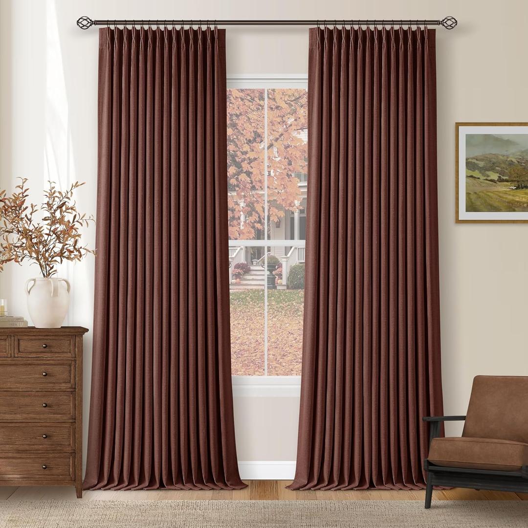 Reddish Brown Linen Blackout Pleated Curtains 90 Inches Long for Living Room Darkening Pinch Pleat 100% Black Out Drapes Thermal Insulated Soundproof Rust Brown 90 Inch Curtain for Dining Bedroom