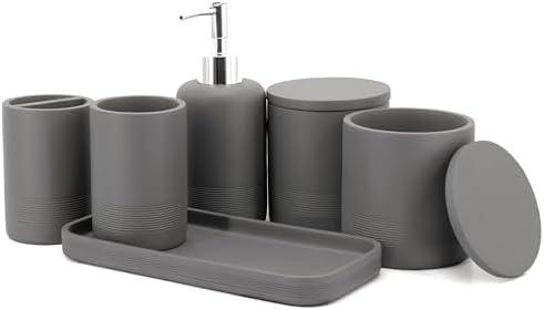 ZCCZ Gray Bathroom Accessories Set 6 Pieces - Toothbrush Holder, Lotion Dispenser, Qtip Container, Vanity Tray, Tumbler - Countertop Organizer for Bathrooms - Elegant and Functional Décor Set