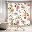 4 PCS Spring Floral Birds Bathroom Set with Shower Curtain and Rugs 72Wx72H Inch Flower Plant Watercolor Non-Slip Bath Rug Toilet Lid Cover and U Shape Mat Accessories 12 Hooks Bathoom Decor