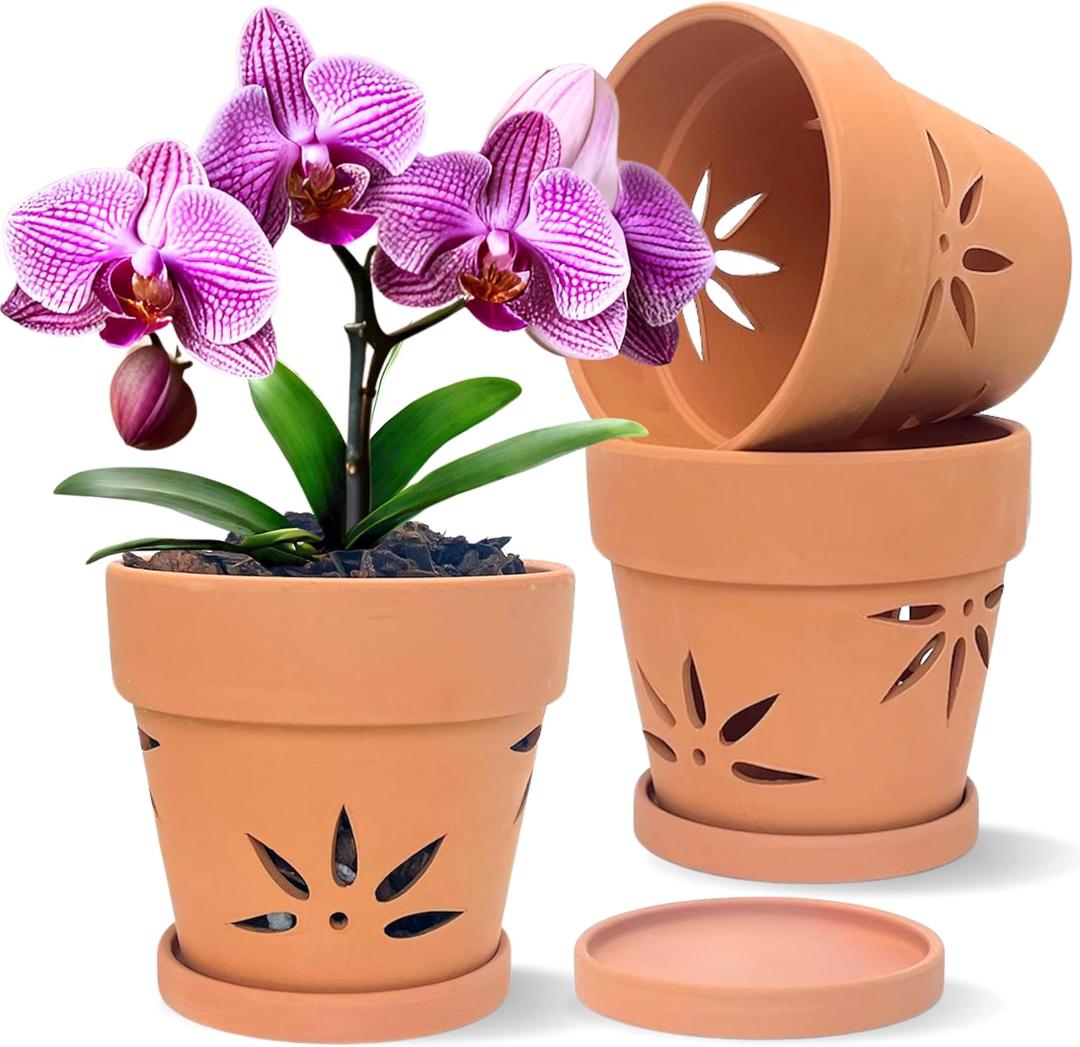 Handmade 3 Pack 6 inch Terracotta Orchid Pots with Holes and Saucers, Clay Orchid Planter Pots for Repotting, Small Terra Cotta Vase, Ceramic Plant Flower Pot Indoor Outdoor