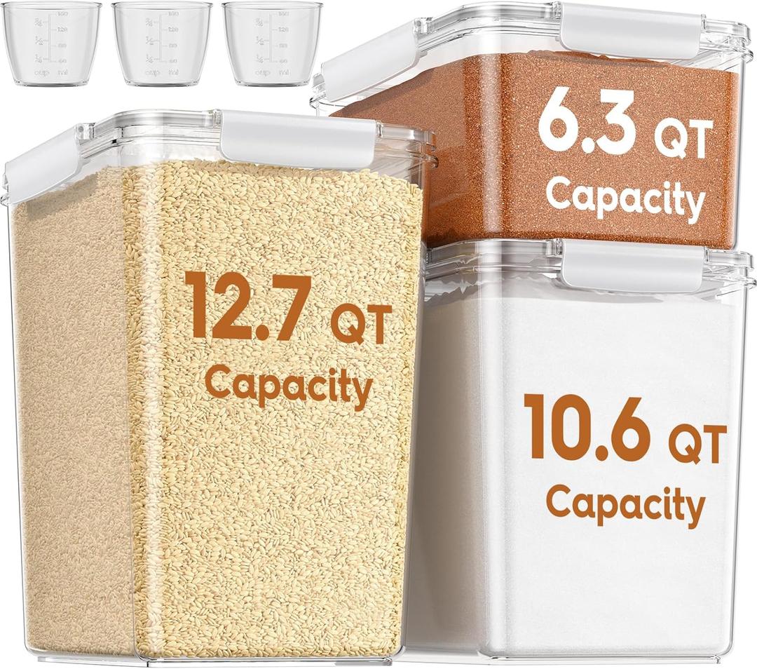 Flour Sugar Storage Containers Set of 3(12L/403oz)(10L/336oz) (6L/201oz),Clear Extra Large Food Storage Containers with Lids for Cereal,Flour,Sugar,Rice,BPA Free & Airtight Kitchen Pantry Organization