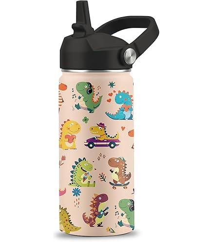 Alphabet Dinosaur Water Bottle for Boys, 16oz Kids Stainless Steel Insulated Water Bottle with Straw Lid, Dinosaur Dino Cup Tumbler Gifts for School