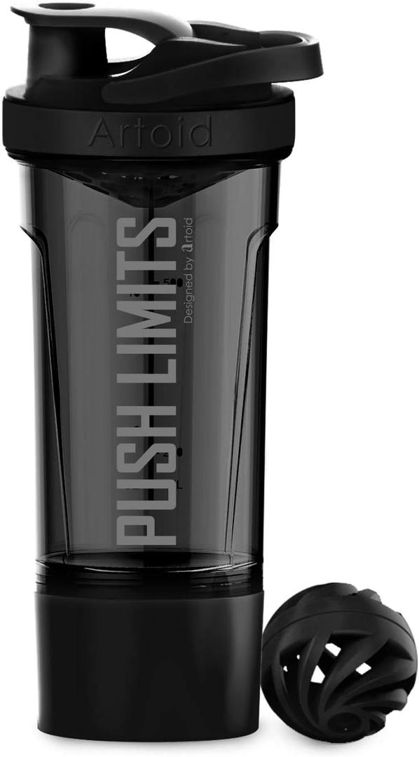 Artoid Mode Fitness Workout Sports Protein Shaker Bottle 24-Ounce, Dual Mixing Technology with Shaker Balls & Mixing Grids Included, Twist and Lock Protein Box Storage Included 