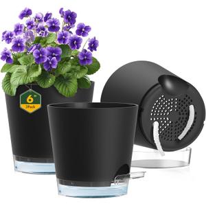 Meowell 6 inch Self Watering Pots for Indoor Outdoor Plants, 3 Pack Flower Plant Pots with Drainage Holes and Clear Reservoirs, Visible Water Level, Plastic Planters with Wicking Rope, Black