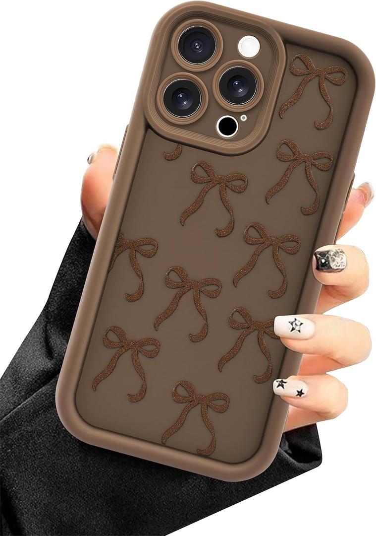 Compatible with iPhone 15 Pro Max Case, Cute Brown Bow Aesthetic Design for Girls Women Soft Silicone Slim Fit Shockproof Protective Cover
