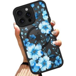 OOK Magnetic Case Fit for iPhone 15 Pro Max 6.7 Inch (Compatible with MagSafe) Soft TPU and Hard PC Phone Cover with Blue Floral Flowers Anti-Scratch Shockproof Protection Case for Women