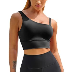 MELYUM Longline Sports Bras for Women One Shoulder Workout Tank Tops with Built in Bra Supportive Crop Yoga Top Padded (X-Large, Black)