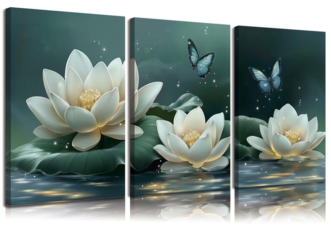 HHB 3pcs Zen White Lotus Wall Art Canvas Wrapping 16x24in