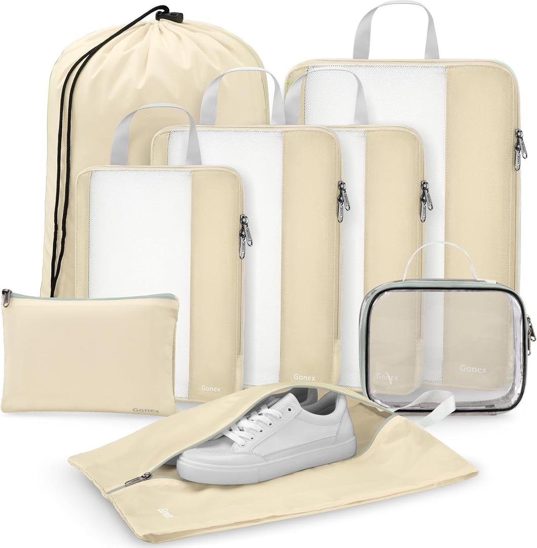 Gonex 8 Set Expandable Mesh Packing Cubes for Travel Essentials, Compression Organizer with Toiletry, Laundry, Shoe, Cable Bags - Beige