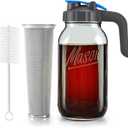 Cold Brew Coffee Maker 64oz Mason Jar Pitcher for Fridge, Sun Tea Maker, Heavy Duty Glass for Ice Tea, Lemonade, Leak Proof Flip Cap Lid, Stainless Steel Filter & Handle