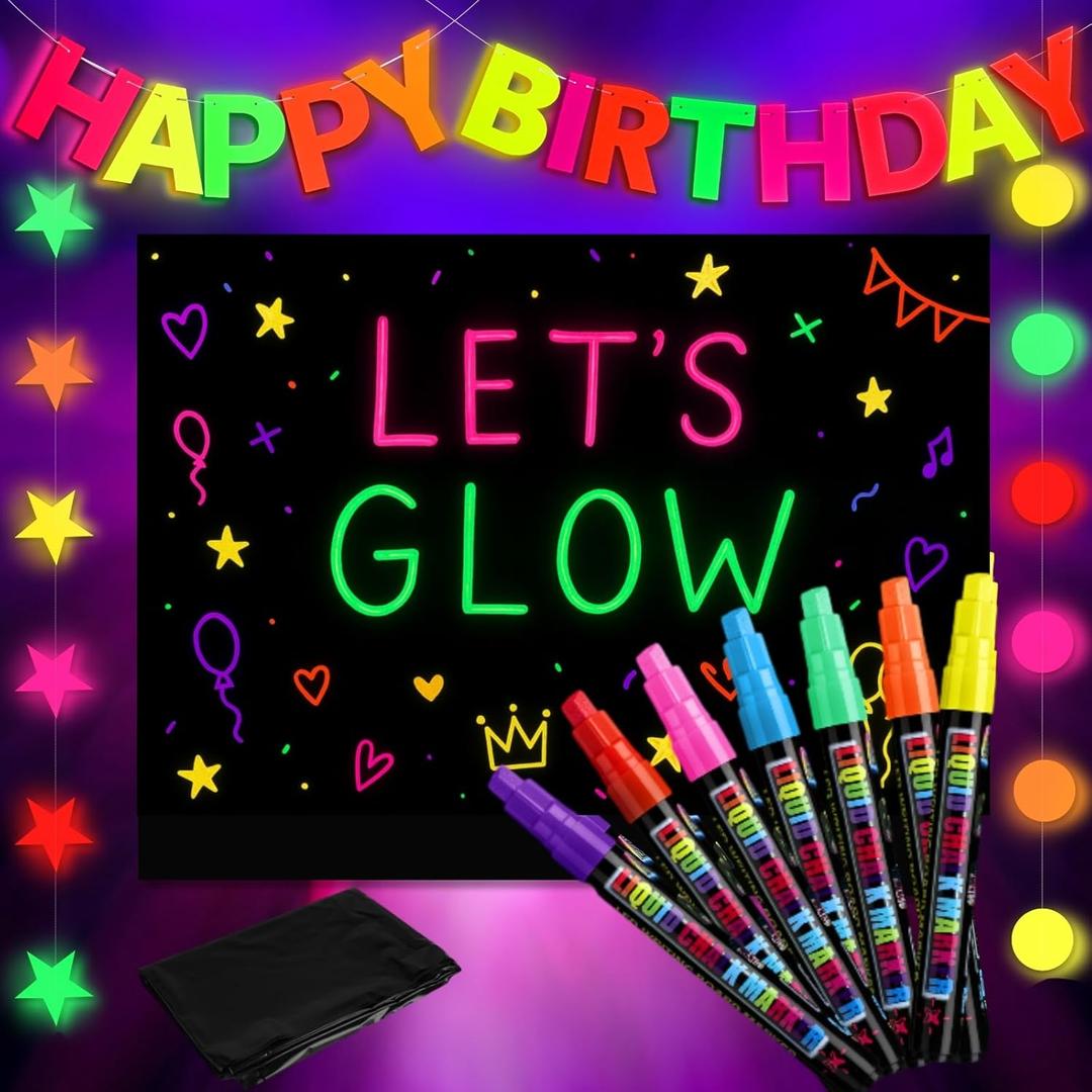 AmazingSpark Neon Birthday Party Decorations, DIY Glow in The Dark Party Supplies Include 8 Neon Fluorescent Pens, 3 Happy Birthday Banner Glow Dots, and 1 Black PVC Background