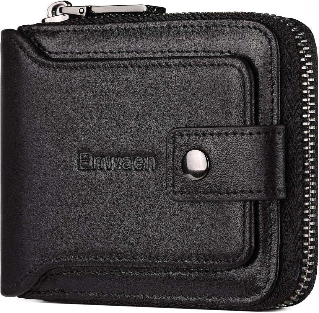 Zipper Wallets for Men, RFID Blocking Secure Genuine Leather Bifold Zip Around Wallets Multi with Credit Card Holder, Black 