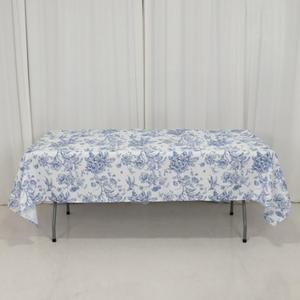 Polyester Rectangular Tablecloth 60"x102" White with Blue French Toile Pattern - Sophisticated Table Cover for Chic Weddings & Events