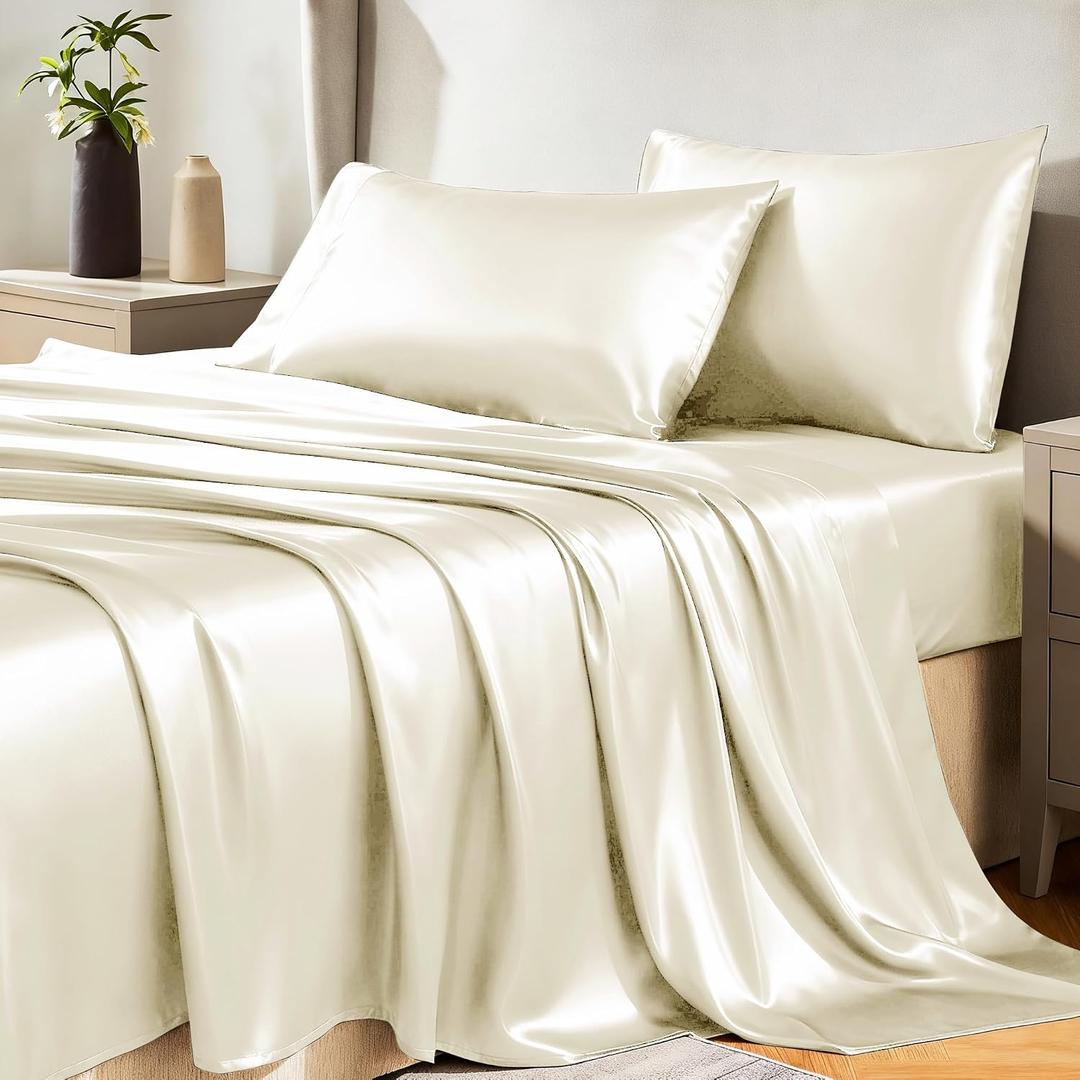 CozyLux Satin Sheets Queen Size Bed Set - 4 Piece Silky Queen Sheet Set, Luxury Cream Queen Sheets with Smooth and Soft Microfiber, Includes 1 Fitted Sheet, 1 Flat Sheet and 2 Pillowcases