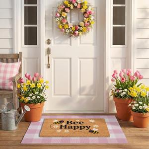 Bee Happy Layered Doormat Set, Spring Door Mat with Printed Coir Welcome Mat and Plaid Layering Rug, Farmhouse Front Door Entryway Decorative Porch Mat (Pink, 2'4" x 3'7")