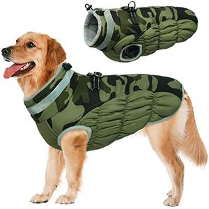 Lelepet Dog Coat Warm Dog Winter Coat Waterproof Dogs Jacket with Harness Built in Reflective Pet Fleece Vest Zip-Up Cold Weather Coats for Large Dogs Turtleneck Windproof Boston Terrier Green Camo L