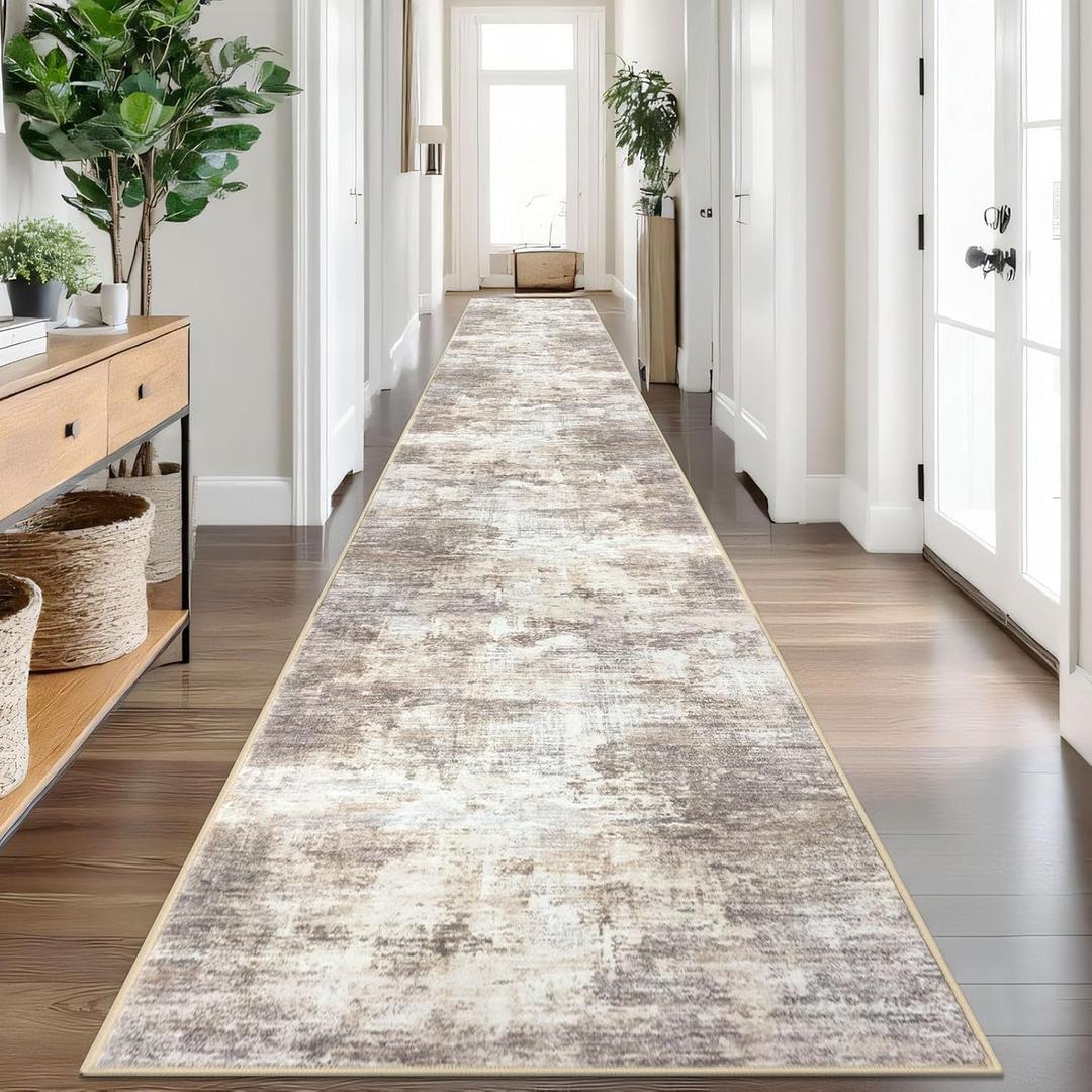 IOHOUZE Abstract Runner Rug 3x20 Ft Extra Long Washable Runners for Hallways, Non Slip Kitchen Runner Printed Faux Wool Entryway Runner Indoor, Modern Abstract Floor Carpet for Hall Stair, Beige Brown (Gold/Yellow/Brown/Beige/White)
