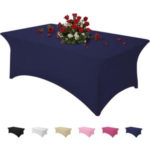 Famstar Table Cloth Navy Blue 8FT Spandex Tablecloth for Rectangle Fitted Table Cloths Stretch Covers Washable Wrinkle Free Tablecloths for Festival Camping Picnic Wedding Party