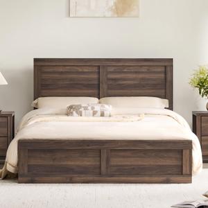 KISLOT Wood Bed Frame with Headboard and Footboard, Wooden Platform Mattress Foundation with Silent Slat Support Noise-Free No Box Spring Needed Easy Assembly