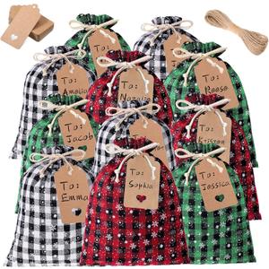 Shappy 24 Pcs Christmas Drawstring Gift Bags Xmas Buffalo Plaid Burlap Advent Bags 10 x 8 Inches Linen Treat Candy Bag with 32.8 ft Rope 24 Card(Mixed Colors with Snowflake)
