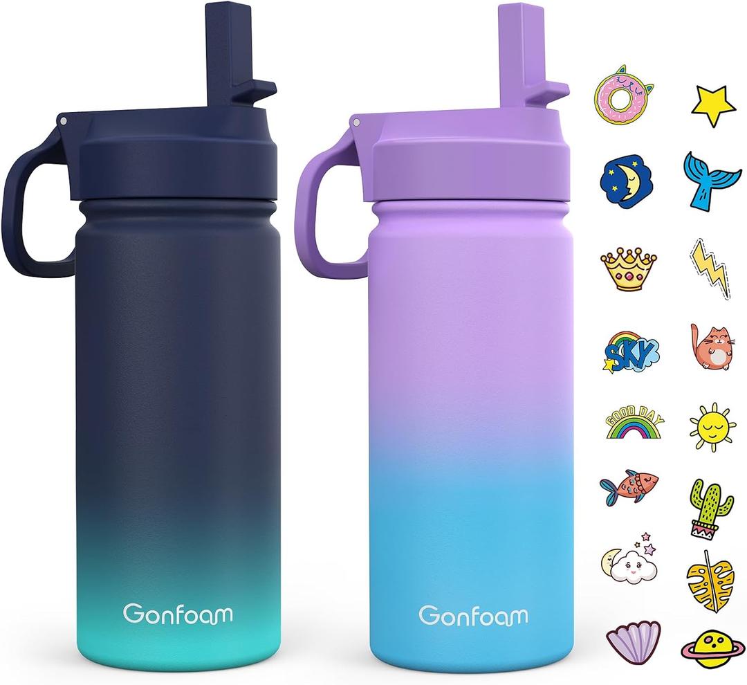 Gonfoam Kids Water Bottle, 2-Pack 16oz Water Bottles with Stickers and Straw, Stainless Steel Vacuum Insulated cup, Kids Water Bottle for School, Gifts for Boys and Girls(Blue/Purple)