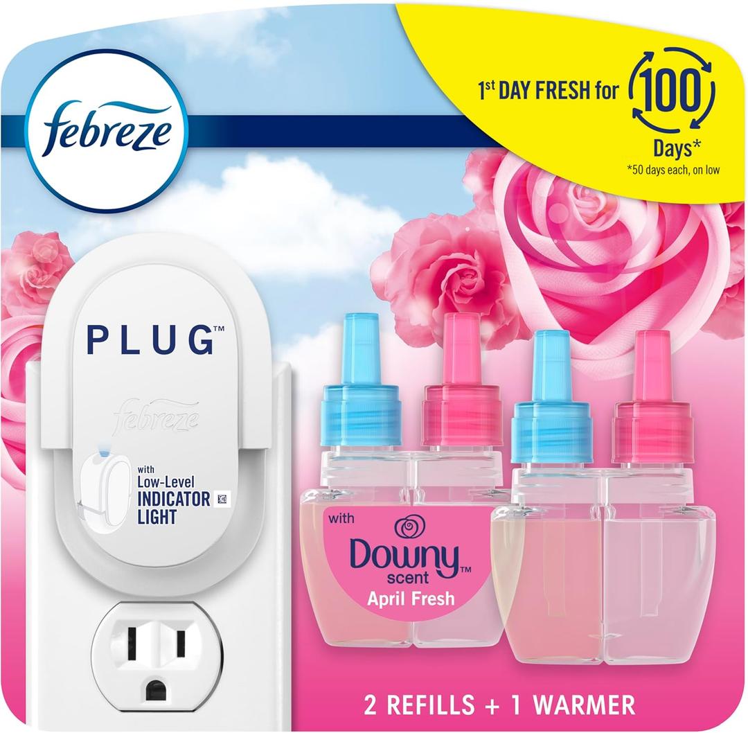 Febreze Plug-In Air Freshener, Odor-Fighting Scented Oil Starter Kit, Air Fresheners for Home and Bathroom and Kitchen, Long Lasting for Strong Odors, Downy April Fresh Scent, Warmer + 2 Refill