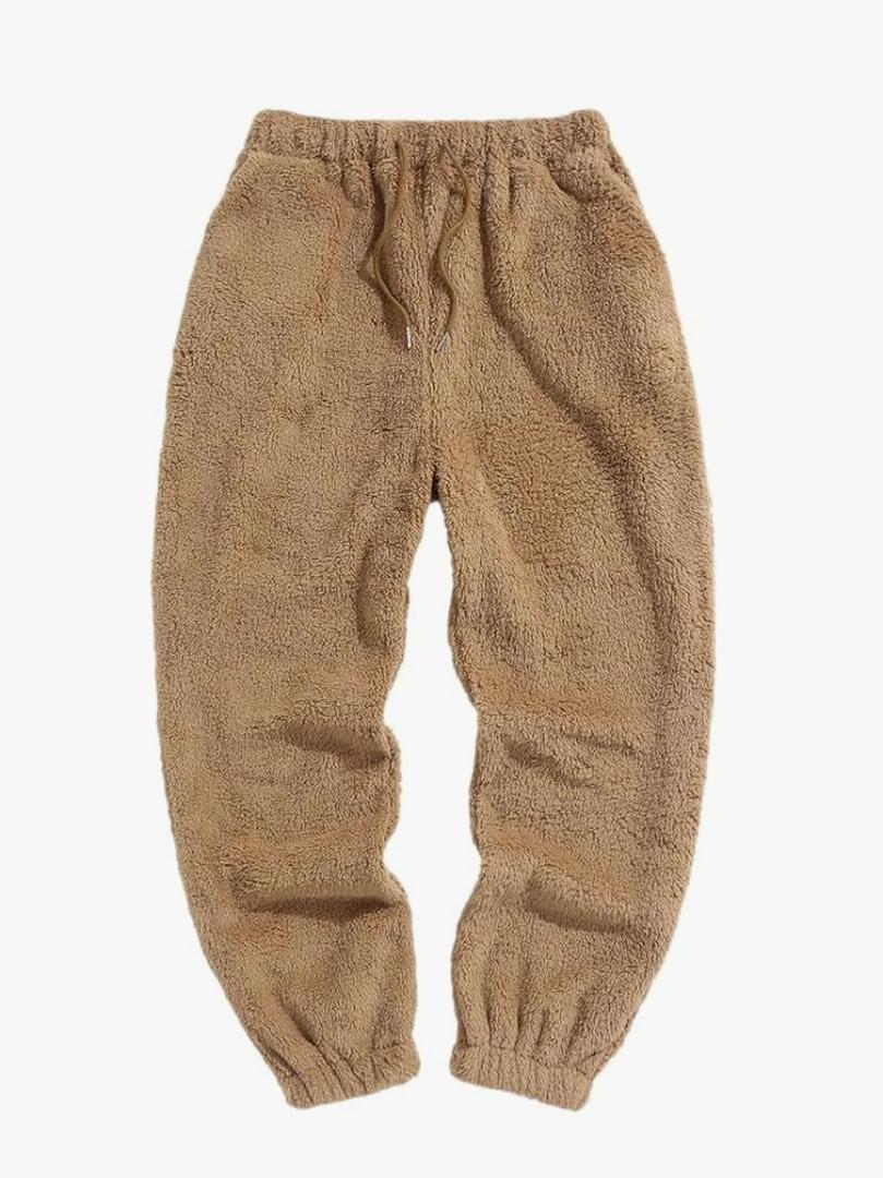 ZAFUL Men’s Fluffy Teddy Beam Feet Plush Fuzzy Warm Pajama Pants Sleepwear Loungewear Trouser with Pockets. Size S, Coffee