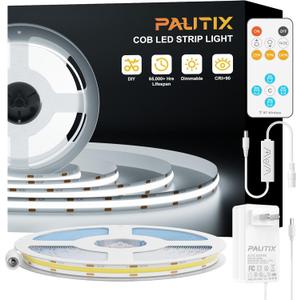 PAUTIX COB LED Strip Light 32.8ft,Engineering Level UL Listed Daylight White 6000K,CRI93+ Super Bright High Lumen,Dimmable 24V Flexible LED Tape Light with RF Remote,for Home&Office Decor DIY Lighting