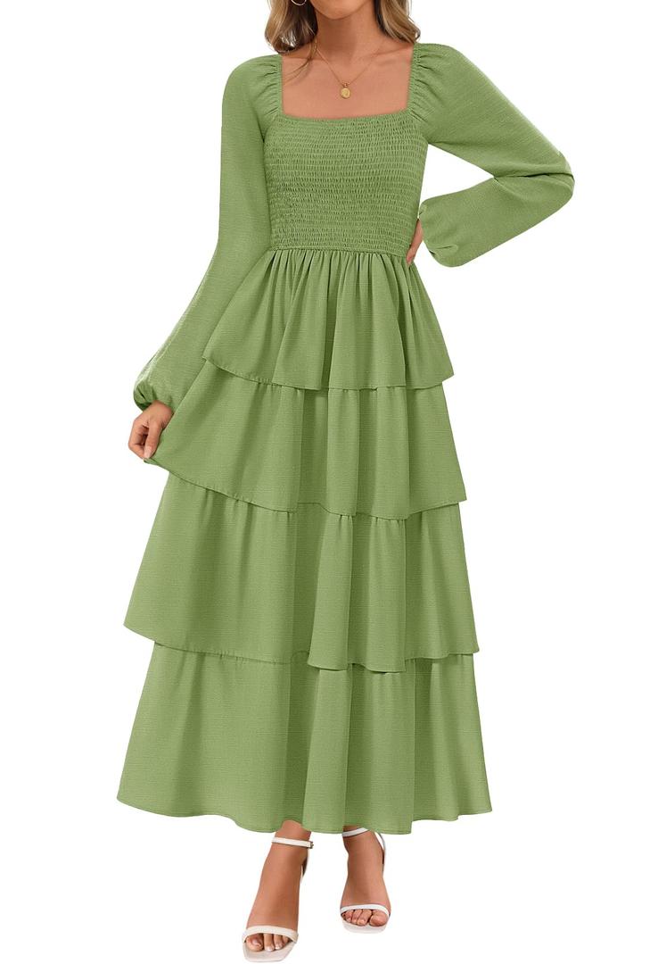 MEROKEETY Women's Summer Fall Long Sleeve Ruffle Tiered Dress 2025 Flowy Layered Square Neck Smocked Maxi Dresses, Green, Large (Green, L)