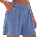 PRETTYGARDEN Womens Boxer Shorts Elastic High Waist Pleated Ruffle Workout Shorts Women Wide Leg Loose Fit Casual Bottoms (Grey Blue, Medium)