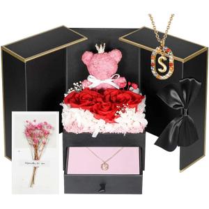 Cute Preserved Real Roses Bear Gift Box for Girlfriend with Initial Necklace S, Unique Birthday Gift for Mom, Her, Grandma, Anniversary Presents for Wife Women Cute Preserved Real Roses Bear Gift Box for Girlfriend with Initial Necklace S, Unique Birthday Gift for Mom, Her, Grandma, Anniversary Presents for Wife Women