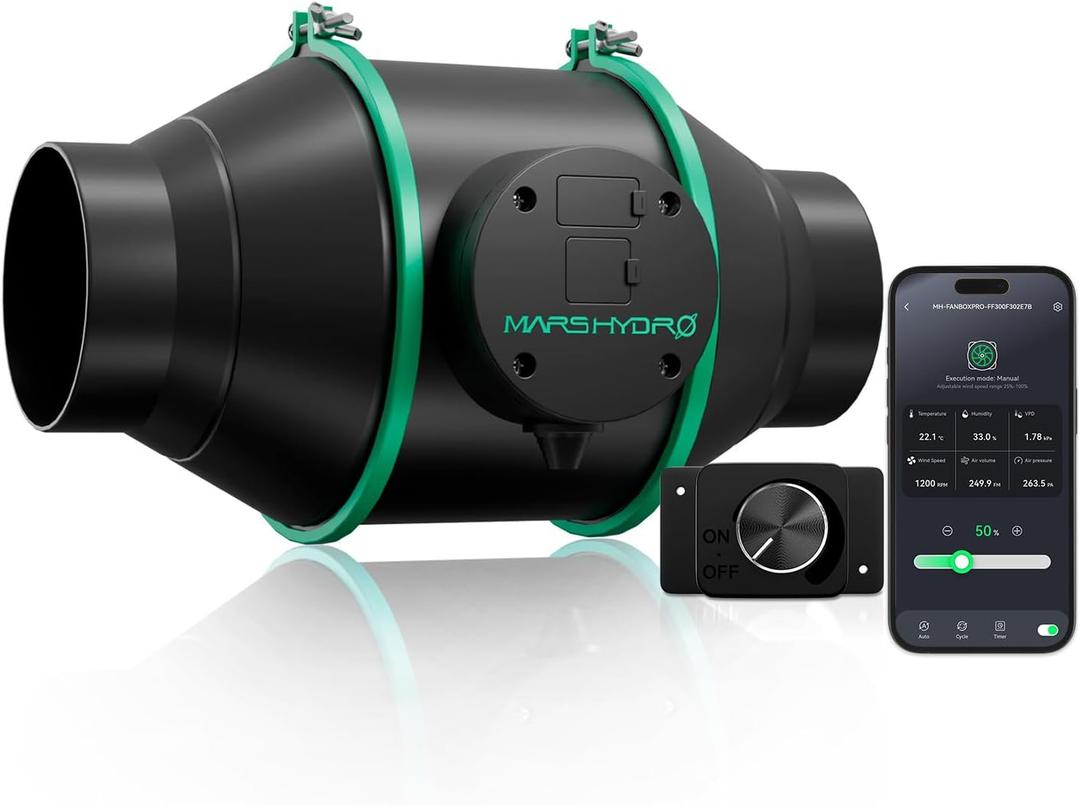 Mars Hdyro iFresh 4 Inch Smart Inline Duct Fan with Variable Speed Controller, Temperature and Humidity Probe Sensor, 205 CFM App Control Ventilation Exhaust Fan for Grow Tents, Hydroponics