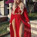 Women's Sheer Mesh Chiffon Double Slit Cover Up Skirt Rave Festival Costume Swim Beach Flowy Long Maxi Skirts Red (M)