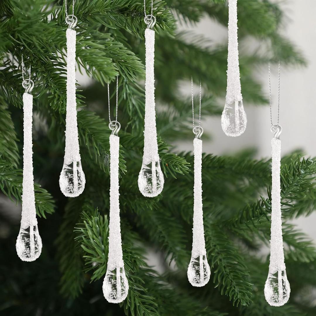 24 Pcs ICY Teardrop Christmas Ornaments 4.72 x 0.59 Inches Frosted Glass Raindrop Clear Christmas Chandelier Crystal Hanging Ornaments for Xmas Tree Decorations Winter Party(White)