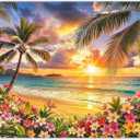Fabric 7x5ft Beach Ocean Sunset Photography Backdrop Summer Hawaii Seaside Tropical Coconut Palm Trees Flowers Glow Background Luau Aloha Party Decorations Photo Banner