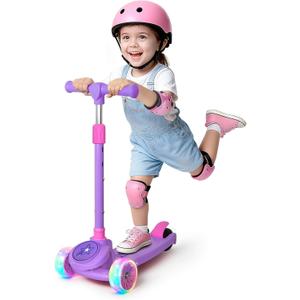 Nattork Kids Scooter for Girls Boys with Light Up Wheels, 3 Adjustable Height Handlebars, Lean-to-Steer Technology, Widen Anti-Slip Deck, 3 Wheel Scooter for kid ages 3-8, Support Riders Up to 110 LBS