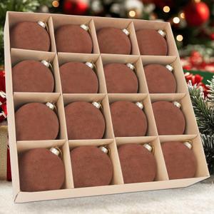 16 Pcs Velvet Brown Ornaments Set for Christmas Tree Decorations - 3.15 Inch Flocked Christmas Balls, Hanging Shatterproof Bulk Bulbs, Xmas Baubles for Wreath, Mantel, Stair Railings, Gift Packages