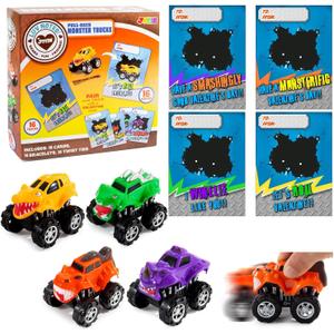 JOYIN Valentine's Day 16 Pack Pull Back Monster Truck Toys with Gift Cards for Kids, Mini Monster Trucks Classroom Exchange Prizes Valentine Party Favor Toys
