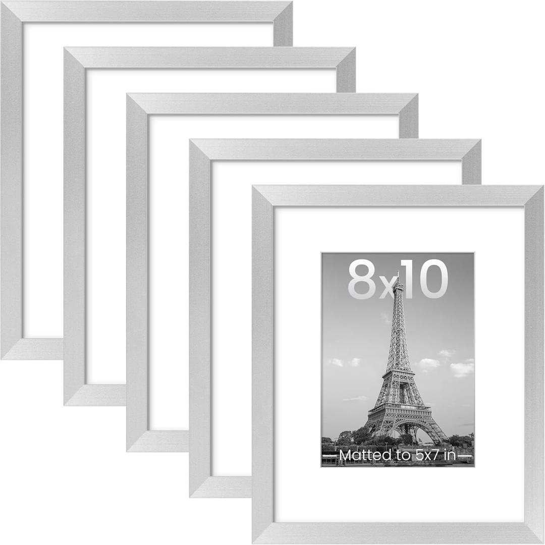 Upsimples 8x10 Picture Frame Set of 5, Display Pictures 5x7 with Mat or 8 x 10 Withou, Wall Gallery Photo Frames, Silver