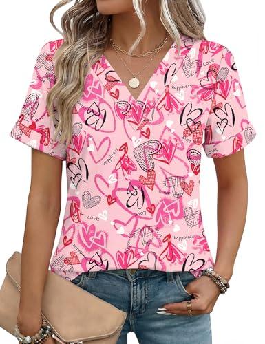 Rapbin Womens Valentines Shirt V Neck Short Sleeve Tops Basic Summer Spring Comfy Ladies Dating Soft Tees (Pink Love, L)