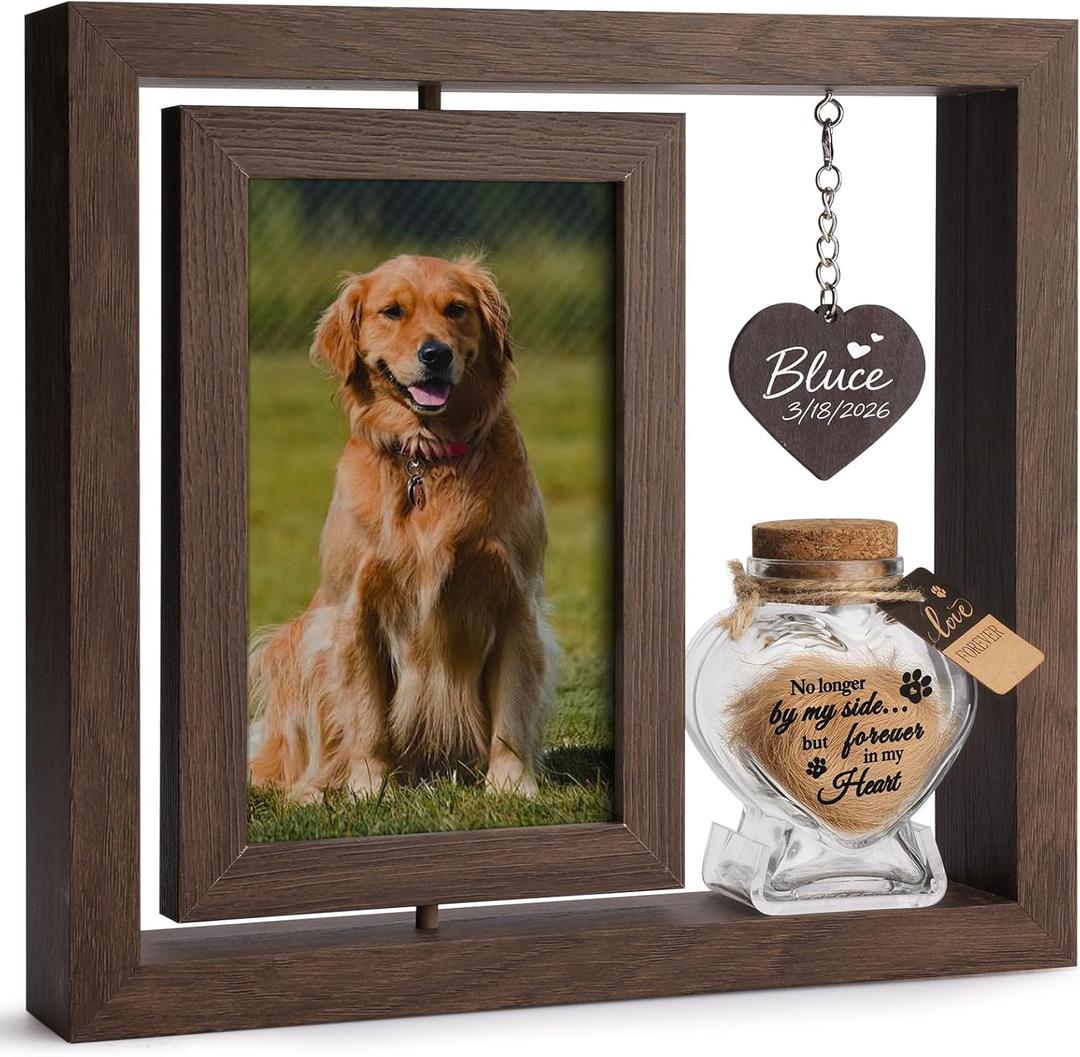Dog Memorial Gifts for Loss of Dog Rotating Wooden 4x6 Picture Frame with Fur Keepsake Jar & Writable Name Card, Pet Remembrance Sympathy Gift for Dog & Cat Lovers (Brown)