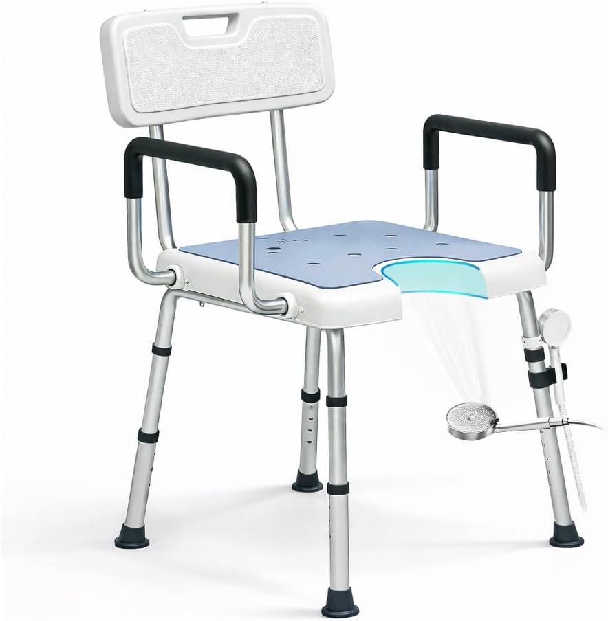 4-in-1 Shower Chair for Inside Shower with Arms and Back, HSA/FSA Eligible, 400lbs Capacity Height Adjustable U-Shaped Seat for Seniors Elderly Easy Bathing Tool-Free Assembly