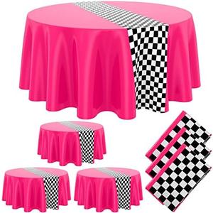 Oudain 3 Pcs Cars Birthday Party Supplies Racing Party Decorations Round Racing Tablecloth Checkered Flag Table Covers Road Plastic Table Cloth, 1950s Disco Dancing Party Tablecloth (Pink)