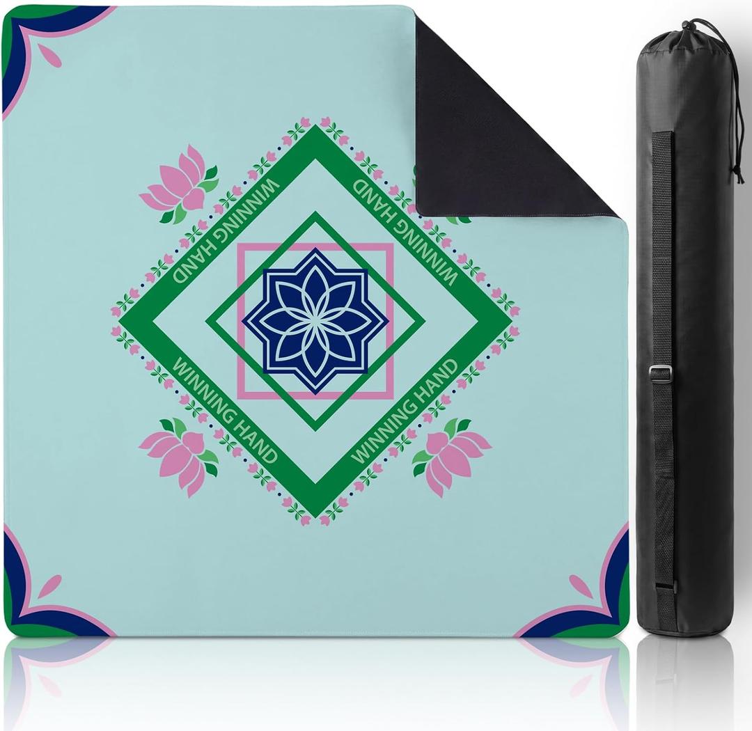 Thenshop Mahjong Mat Thickened Anti-Slip Game Mat with Drawstring Carrying Bag, 31.5" x 31.5" Waterproof Noise-reducing Table Cover for Mahjong, Poker, Card Games, Dominoes(Lotus Style)