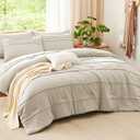 CozyLux Queen Comforter Set Beige, 7 Pieces Soft Pinch Pleat Bed in a Bag Queen Comforter Set with Sheets, Boho Bed Set with Down Alternative Comforter, Sheets, Pillowcases & Shams