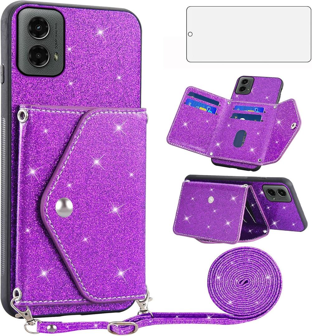 Asuwish Phone Case for Motorola Moto G 5G 2024 Wallet Cover with Tempered Glass Screen Protector and Crossbody Strap Lanyard Bling Glitter Credit Card Holder Cell Accessories G5G 5 G G5 Girls Purple