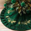 44 inches Velvet Christmas Tree Skirt Red Gold Fur Plush Tree Skirt Luxury Xmas Skirts for Merry Christmas Party Vintage Holiday Decorations(Green with Gold Embroidered Holly)