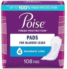 Poise Incontinence Pads for Women, 4 Drop, Moderate Absorbency, Long, 216Ct, White