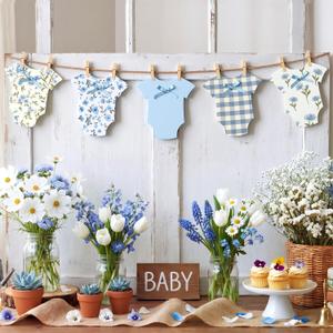 Frienda Baby in Bloom Paper Banner Baby Shower Blue Paper Bodysuit Dress Garland Outfit Set with Clips Hemp Rope for Gender Reveal Shower Birthday Party Decoration