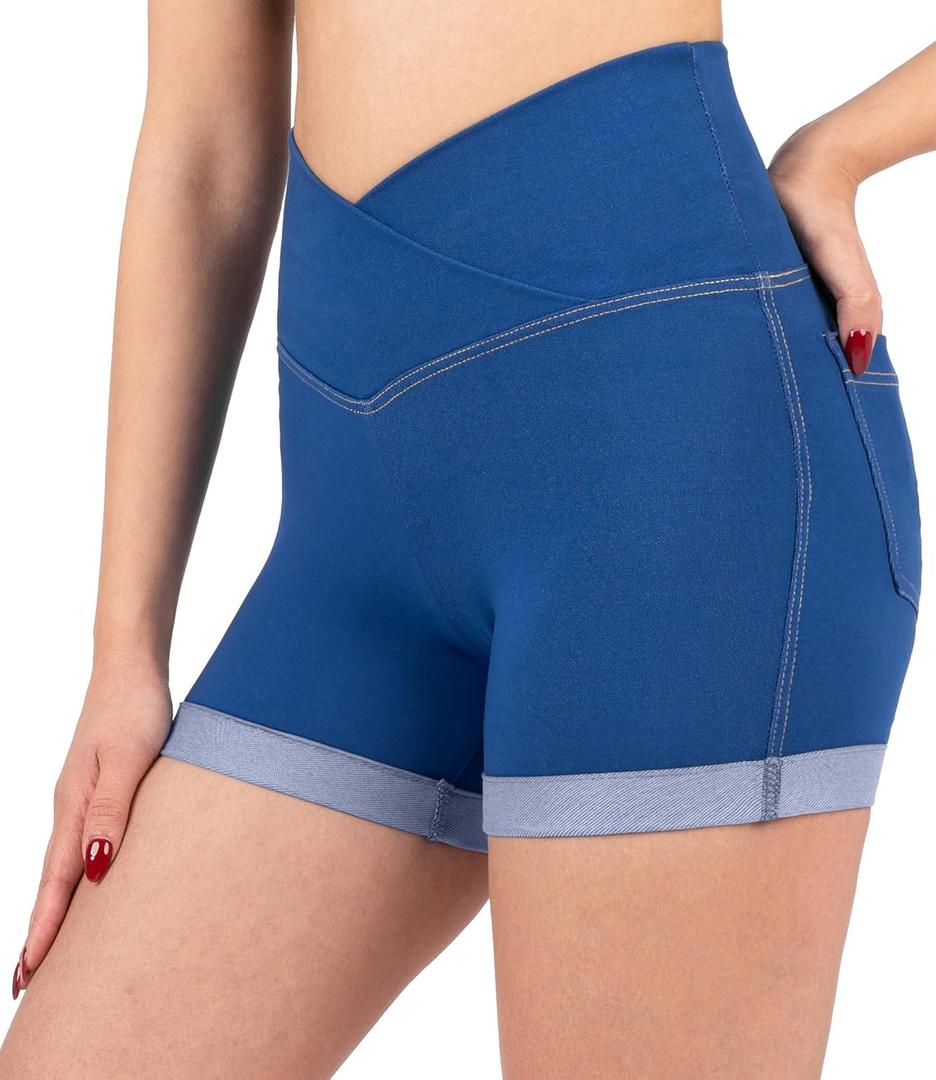 NirJEANS Women's Short Jeggings - Sexy Jeans Shorts for Women, High Waisted Crossover Women's Jeggings Booty Shorts for Women (6, Indigo)